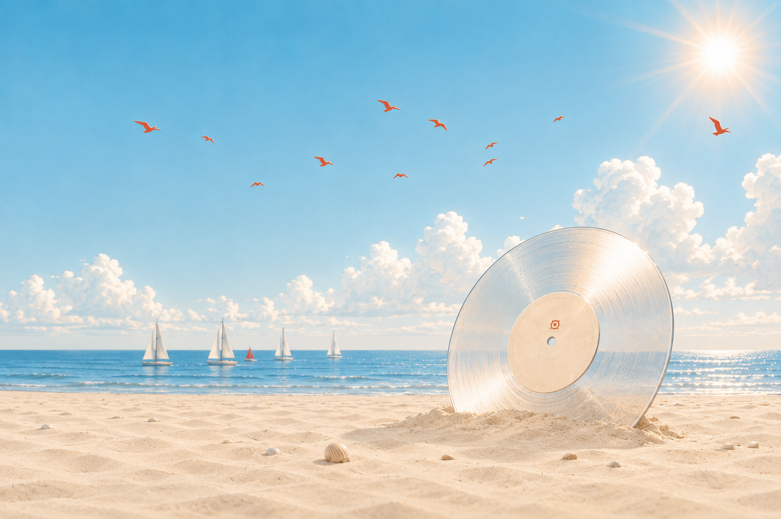 A white translucent vinyl record standing in pale sunlit sand under a clear blue summer sky with sailboats on the horizon